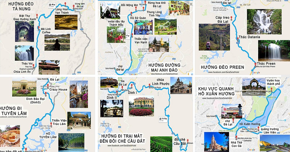 Bản đồ điểm du lịch Đà Lạt giúp du khách dễ dàng tìm kiếm những địa điểm hấp dẫn nhất ở thành phố mộng mơ này, bao gồm những nhà thờ độc đáo, hồ Xuân Hương, đồi chè Cầu Đất, vườn hoa dâu và rừng thông Đa Tiểu.